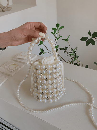 Mini Faux Pearl Rhinestone Decor Bucket Bag, Fashion Daily Use, Elegant Pearl Bag