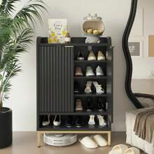 Modern Shoe Cabinet With Fluted Door,5-Tier Farmhouse Shoe Cabinet With 3 Adjustable Shelves,41.5'' Tall Wooden Shoe Rack Organizer Cabinet For Entryway, Hallway,Living Room - 黑色 - 查看 1