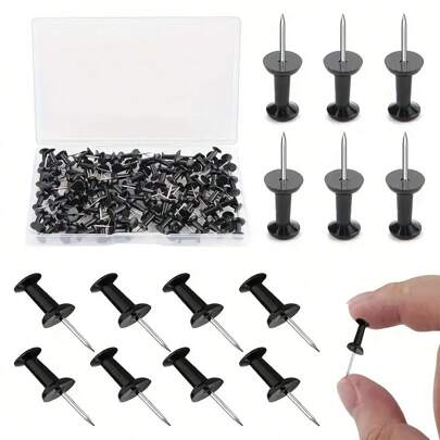 100pcs Black Thumb Tack Push Pins, Plastic Head Office Paper Clips Ideal For Bulletin Board, Wall Hanging & Office Use,Back To School,School Supplies