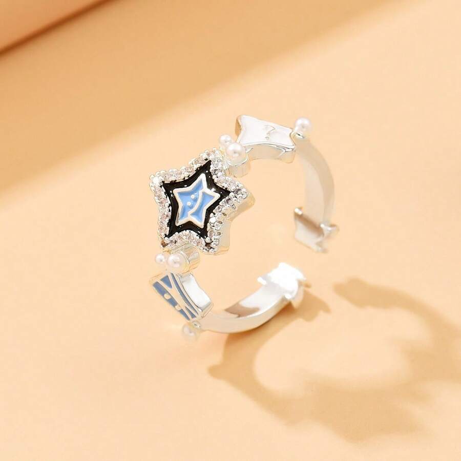 Adjustable Luck Star & Faux Pearl Rings, Personalized Stepwise Rings, Unique Friend Gift, Everyday Accessory, Sisters Gift, Valentine's Day, Non-Fading - Silver - View 1