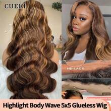 Highlight Ombre Glueless Wig Human Hair Fiber Pre Plucked Pre Cut 5x5 HD Lace Closure Wigs 4/27 Colored Body Wave Blend Human Hair Wig For Women Piano Color 34 Inch(Bob Wig 6inch) - S4/27 - View 2