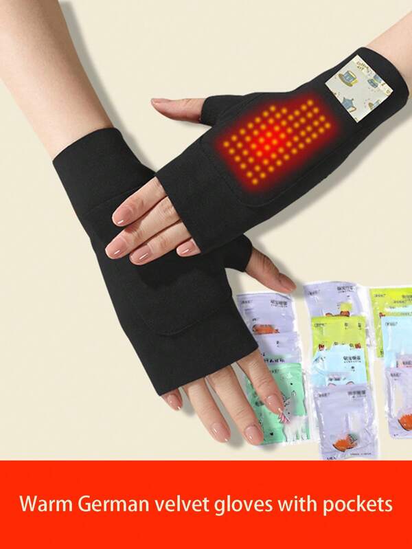 1 Pair Fleece Pocket Half Finger Gloves, Warm Cycling Half Finger Gloves, Fleece Gloves With Pocket For Autumn/Winter