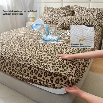 1pc Leopard Print Quilted Waterproof Thickened Mattress Protector Cover, Modern Fabric Fitted Sheet, Soft & Comfortable Mattress Pad Cover, Suitable For Bedroom/Guest Room, Deep Pocket, Machine Washable, Breathable Material