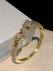 1pc Luxury Multicolor Cubic Zirconia Leopard Pattern Elegant Copper Bangle Bracelet, Gift For Mom, Formal Event Accessory