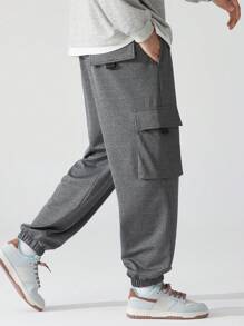 3pcs Plus Size Cargo Pants, Loose Fit Solid Color Drawstring Waist Sports Trousers, Multi-Pocket Workwear, Suitable For All Seasons, Fall Clothes