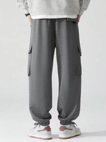 3pcs Plus Size Cargo Pants, Loose Fit Solid Color Drawstring Waist Sports Trousers, Multi-Pocket Workwear, Suitable For All Seasons, Fall Clothes