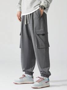 3pcs Plus Size Cargo Pants, Loose Fit Solid Color Drawstring Waist Sports Trousers, Multi-Pocket Workwear, Suitable For All Seasons, Fall Clothes