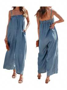 Womens Denim Long Jumpsuit, Casual Spaghetti Strap Solid Color Wide Leg Romper Pants - 藍色 - 查看 6