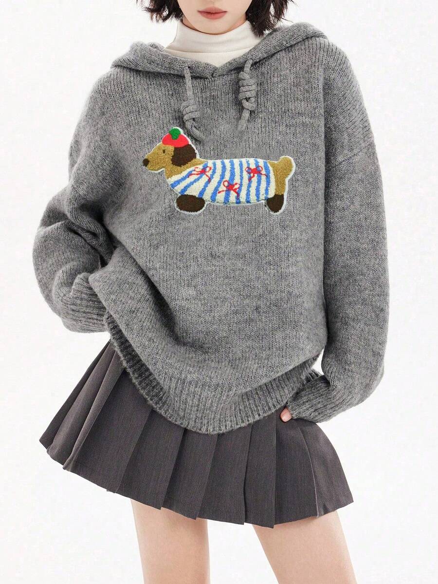 Casual Cute Dog Pattern Hooded Sweater, Autumn/Winter - Grey - View 1