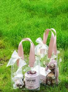 5pcs/Set Birthday Gift Bags, (Excluding Ribbons, Plain Handbag) Transparent PVC Tote Bags, Wedding Candy Gift Bags, Simple Style Unprinted Handbag, Large Capacity Cosmetic Storage Bags, Birthday Party Favor Bags, Christmas, Back To School Plastic Waterproof Gift Bags, Transparent Gift Bags For Wedding, Housewarming Shower