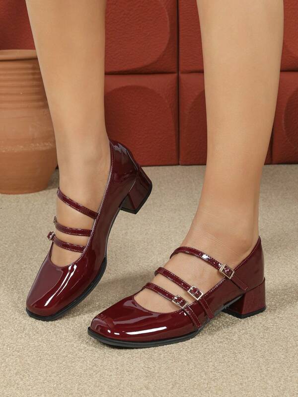 Elegant Women's Shoes For Spring, Autumn & All Seasons, Fashionable Versatile Minimalist Design, Lightweight & Comfy High Heels & Chunky Heels, Breathable Suitable For Daily Wear, Slip-On Cross-Strap Buckle Plain Color Nude Red Mary Jane Round Toe Ladies High Heel Pumps