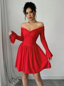 Red Color Sexy Twisted Off Shoulder Backless Waist Ruched A-Line Mini Dress With Glitter Detail For Women's Dating Party Cocktail Valentine's Day - Red - View 1