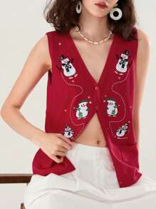 Women's Autumn Winter Sweater Vest V Neck Christmas Pattern Print Button Up Knit Tank Tops - Burgundy - View 2