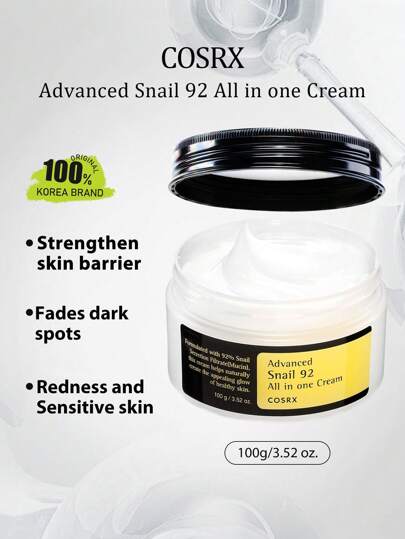 COSRX Crema reparadora de Mucina de Caracol al 92%, Gel hidratante facial diario para piel seca, propensa al acné, sensible, no testeado en animales, sin parabenos, cosmética coreana, K-Beauty, 100g/3.52oz.