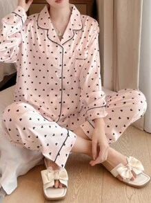 Women's Pajama Set, Satin Premium Feeling Pajamas, Lapel Heart All Over Print Women's Pajamas, Comfortable Skinny Women's Pajamas - Perfect Gift For Her!