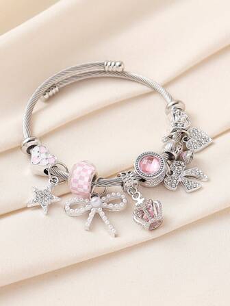 1pc Elegant Crystal Rhinestone Crown, Bow, Heart Pendant & Checkerboard Beaded Stainless Steel Bracelet Set, Fashion Jewelry Gift For Women, Suitable For Party & Mother's Day