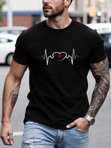 1pc Casual Valentine's Day Couple's Line Graffiti Heart & Letter Print Short Sleeve T-Shirt, Fitting Style, Unisex Design, Suitable As Gift To Boyfriend - Black - View 3