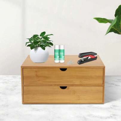 Mini organizer in bambù per scrivania, scatola portaoggetti da tavolo con 2 cassetti