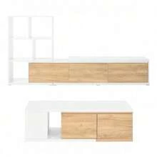 ON-TREND 74.8''-126'' Adjustable Extendable TV Stand With 3-Tier Bookshelves, Sliding Tabletop Media Console For TVs Up To 110'', Modern Entertainment Center With Storage Cabinets And Open Shelves, Durable MDF Construction, White And Wood Tone Finish, Perfect For Living Room Décor, Christmas Decorations, Christmas Gifts, And Home Organization,Good Furniture