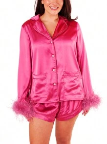 Women's Satin Outfits Solid Color Lapel Long Sleeve Tops With Feather Cuffs + Shorts Set Fashion Clothes