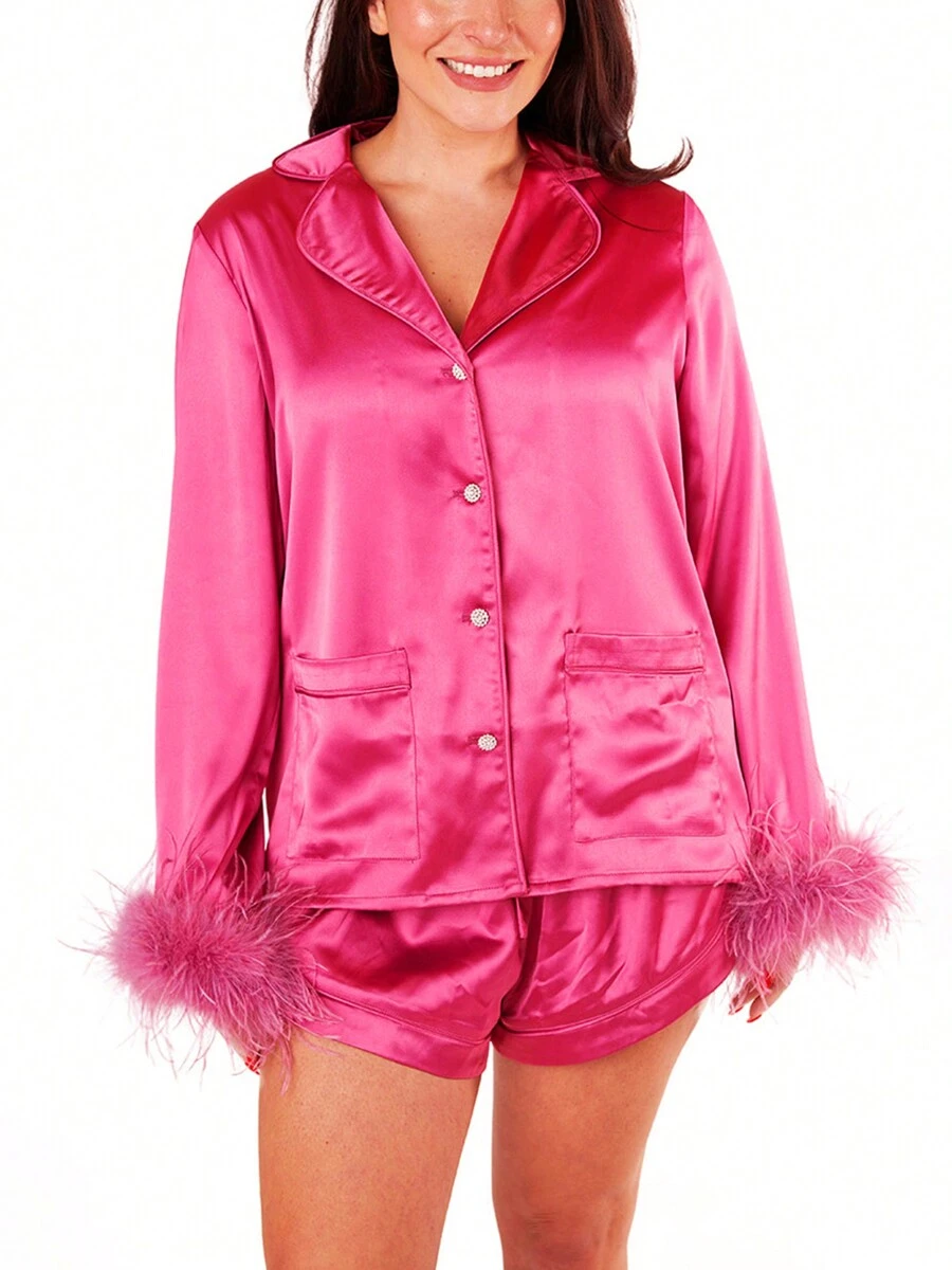 Women's Satin Outfits Solid Color Lapel Long Sleeve Tops With Feather Cuffs + Shorts Set Fashion Clothes