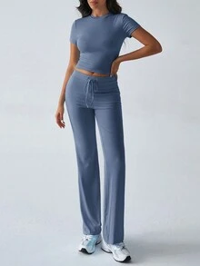 GAOVOT 女士两件套夏季 Y2K 运动休闲日常纯色短袖圆领 T 恤和修身直筒长裤套装 - 牛仔藍 - 查看 3