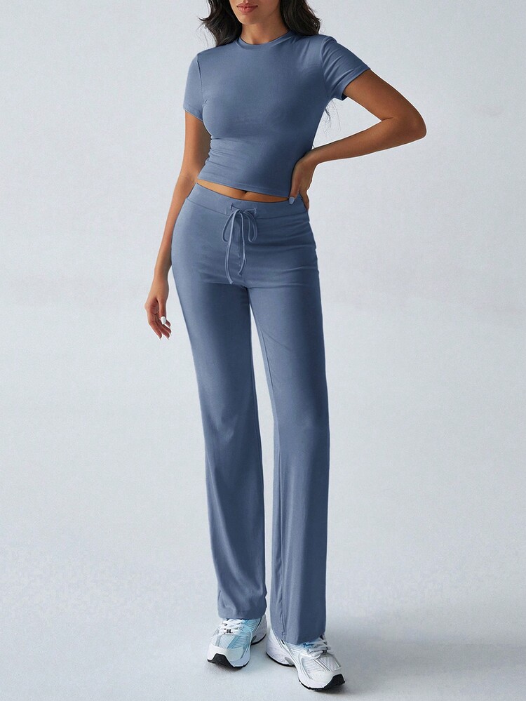 GAOVOT Women's Two Pieces Summer Y2K Sportswear Casual Daily Solid Color Short-Sleeved Round-Neck T-Shirt And Slim Straight-Leg Long Pants Set - Denim Blue - View 3