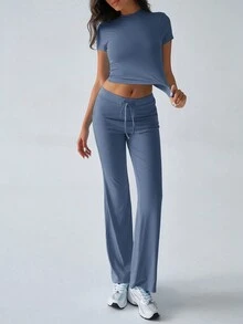 GAOVOT 女士两件套夏季 Y2K 运动休闲日常纯色短袖圆领 T 恤和修身直筒长裤套装 - 牛仔藍 - 查看 6