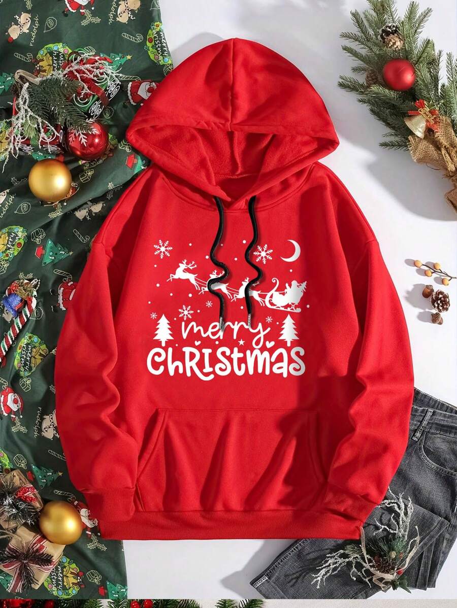 Men's Printed Christmas Sledge Hoodie Jacket, Drawstring, Casual Loose Fit, Spring/Autumn/Winter - Red - View 1