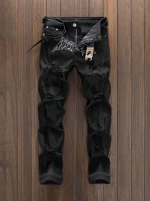 Men's Versatile Street Style Star Embroidery Casual Ripped Jeans - 黑色 - 查看 1