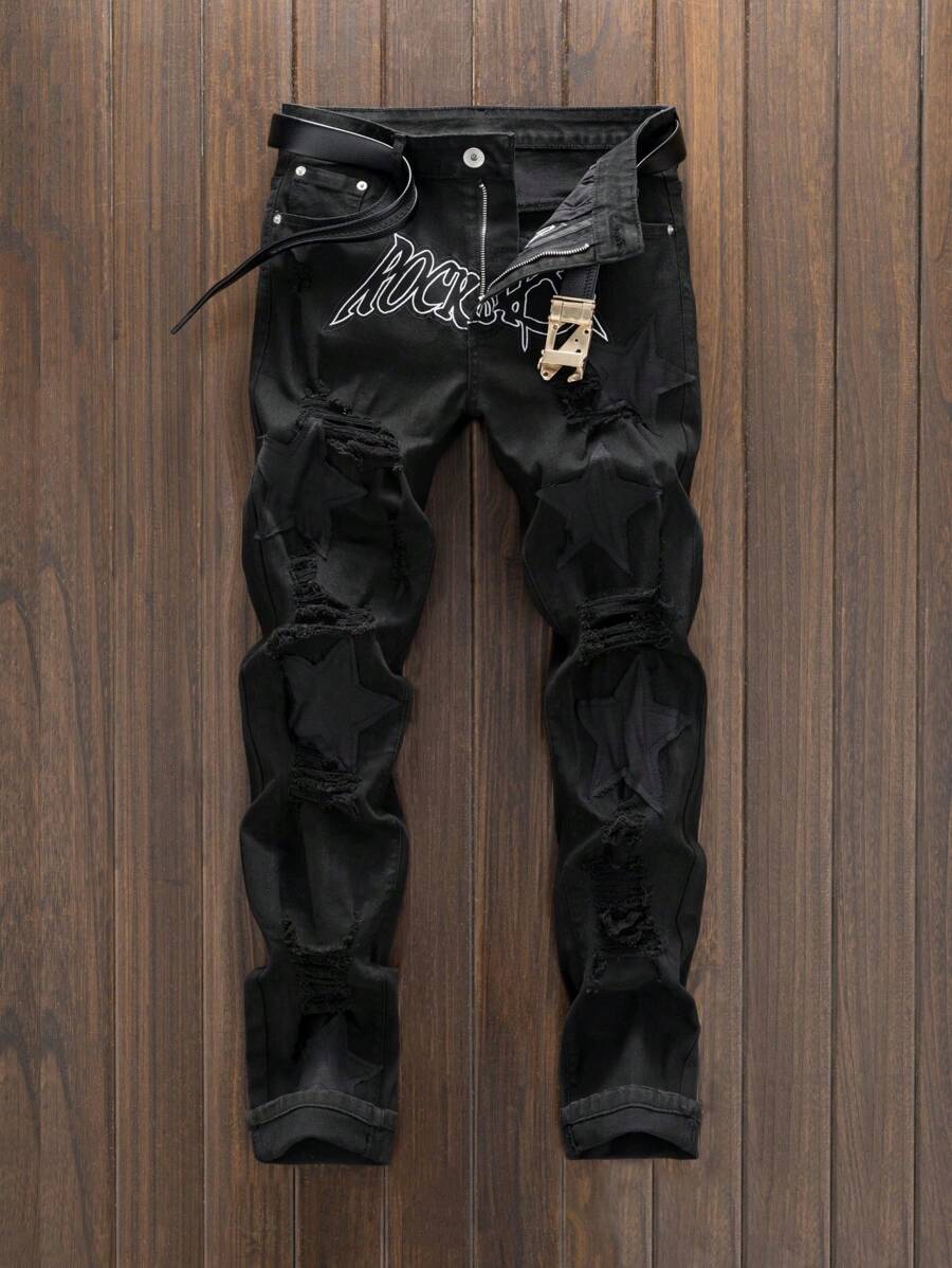 Men's Versatile Street Style Star Embroidery Casual Ripped Jeans - 黑色 - 查看 1