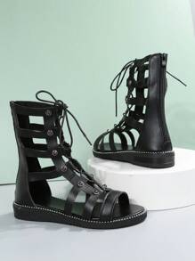 Women's Flat Roman Sandals, Fashionable Lace-Up Flat Sandals, Rubber Sole, Rivet Design
