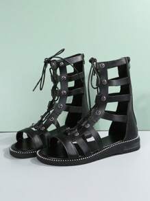 Women's Flat Roman Sandals, Fashionable Lace-Up Flat Sandals, Rubber Sole, Rivet Design