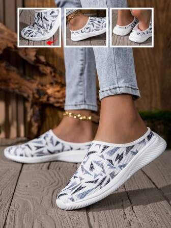 春夏季穿露趾凉鞋，女士防滑半拖鞋，新款透气网眼运动休闲鞋，一脚蹬休闲鞋，女士平底时尚百搭网眼休闲鞋，步行鞋，白色鞋子，撞色撞色女士运动鞋