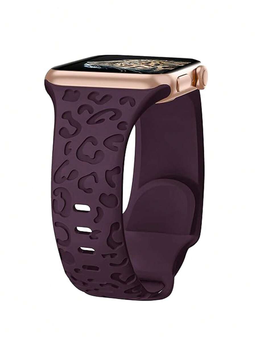 Unbeinst 1pc Leopard Print Carved Soft Silicone Watch Band Compatible With Watch Ultra Series 10 9 8 7 SE 6 5 4 3 2 1 - Mulberries - View 1