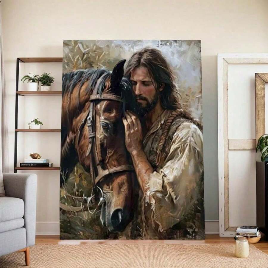 Rustic Charm Canvas Art - Vibrant Jesus & Horse Print On Wooden Frame, Ready-To-Hang Wall Decor For Living Room, Bedroom, Office, And Kitchen With Distressed Finish And Nature-Inspired Design