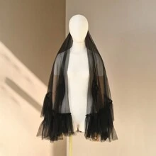 1 Pc Bridal Short Veil With Ruffled Multi-Layer Lace, White, Black Or Nude Tulle Puff For Photo Shoot