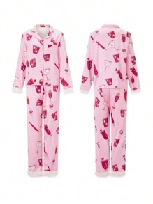 Women's 2 Piece Lounge Set Long Sleeve Lapel Goblet Print Shirt Pants Sleepwear Sets - 粉色 - 查看 2