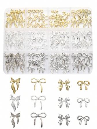 1 Box 96 Pcs Metal Bow Nail Art Decor, Alloy Bows In 3D Gold/Silver/Gray Color, Luxury Shiny Bow Nail Jewelry, Nail Art Accessories, Nail Diy Nails Nail Supplies Nails Nail Charms Nail Gems