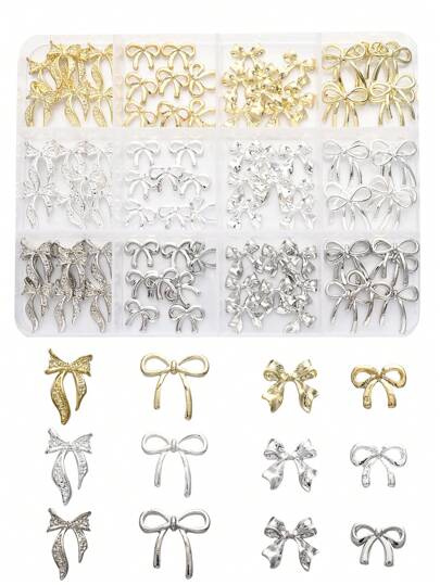 1 caja de 96 piezas de decoración de uñas con lazos de metal, lazos de aleación en colores dorado/plateado/gris, joyería de uñas con lazos brillantes de lujo, accesorios de arte de uñas, suministros para manualidades de uñas, encantos y gemas para uñas