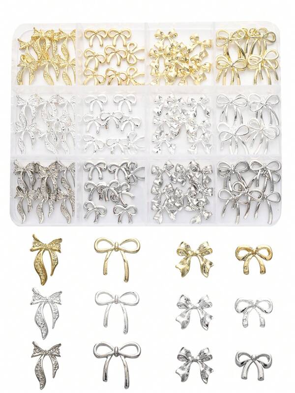1 Box 96 Pcs Metal Bow Nail Art Decor, Alloy Bows In 3D Gold/Silver/Gray Color, Luxury Shiny Bow Nail Jewelry, Nail Art Accessories, Nail DIY Nails