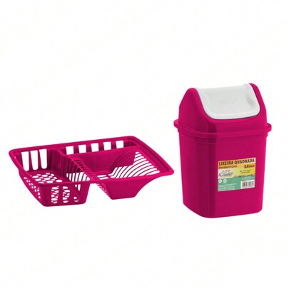 Kit Escorredor De Louças Médio Com Lixeira Basculante 3,6L Cozinha Multiuso
