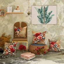 4 件春季奢华花卉和树叶图案枕套套装，红色、金色和银色，18x18 英寸，带拉链开合，易于护理，非常适合客厅和卧室装饰（不含枕芯） - 彩色 - 查看 12
