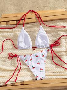 Nuevo conjunto de traje de baño sexy con estampa de cereza para mujeres, para verano y vacaciones en la playa