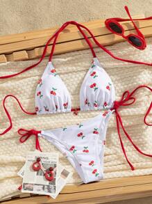 Nuevo conjunto de traje de baño sexy con estampa de cereza para mujeres, para verano y vacaciones en la playa
