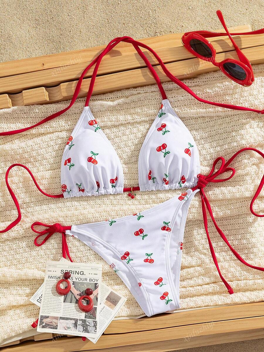 Nuevo conjunto de traje de baño sexy con estampa de cereza para mujeres, para verano y vacaciones en la playa