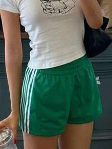 Women Loose Shorts Casual Side Stripe Elastic Waist Workout Athletic Shorts Running Short Pants With Pockets - 綠色 - 查看 1