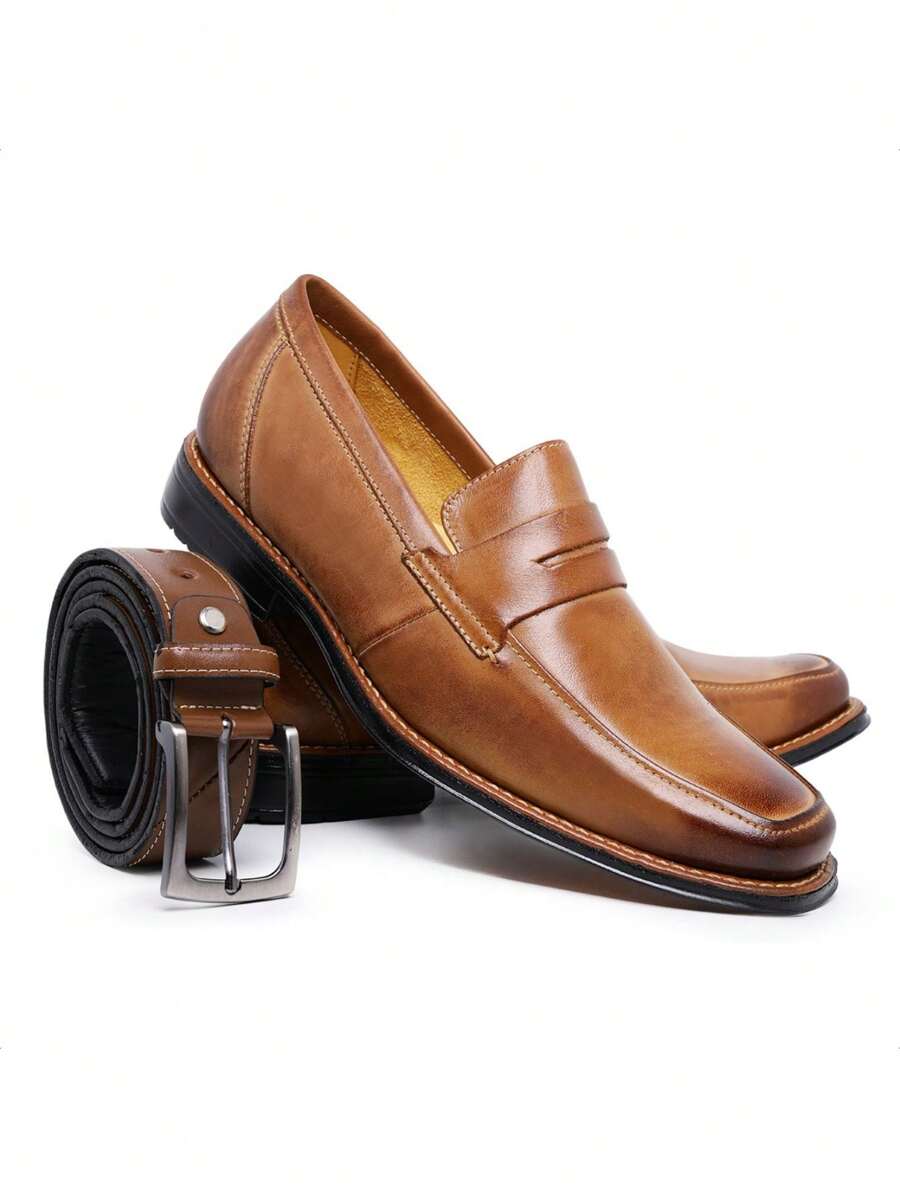 Kit Sapato Social Masculino Penny Loafer Miguel Marrom Claro + Cinto 601 Café - Multicolorido - Visão 1