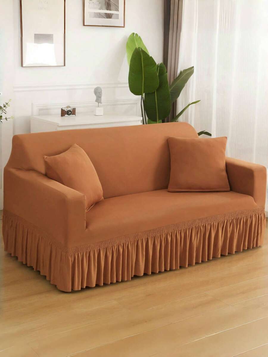 1 pieza Funda de sofá con volante en el bajo, funda de sofá con estiramiento de unicolor y cobertura completa, de poliéster, adecuada para todas las estaciones, diseño minimalista y moderno - Camel - Ver 1