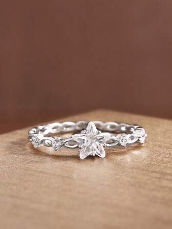 1 件 S925 纯银空心星五角星方晶锆石封闭式戒指，精致时尚的闪亮钻石设计戒指，送给女性朋友的绝佳礼物